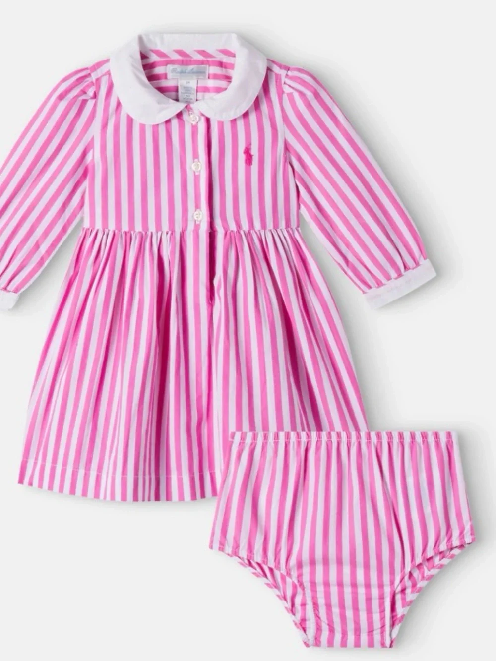 Ralph Lauren Pink Striped Baby Dress & Bloomers - Classic Collared Set